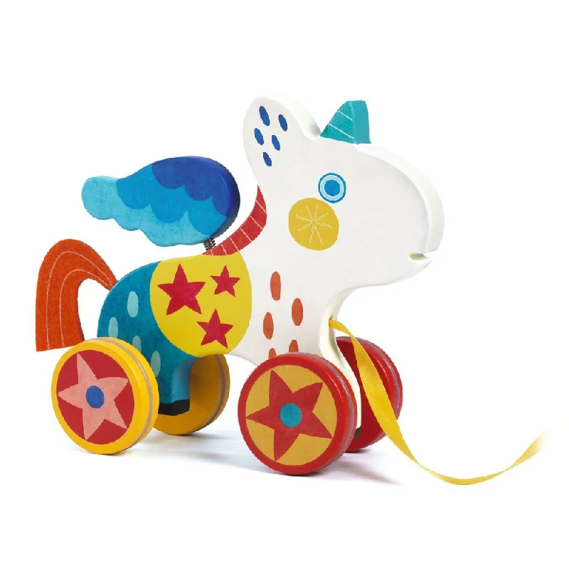 playful wooden toys                  Djeco Wooden Unicorn Pull Along Toy - Vadim 18m+