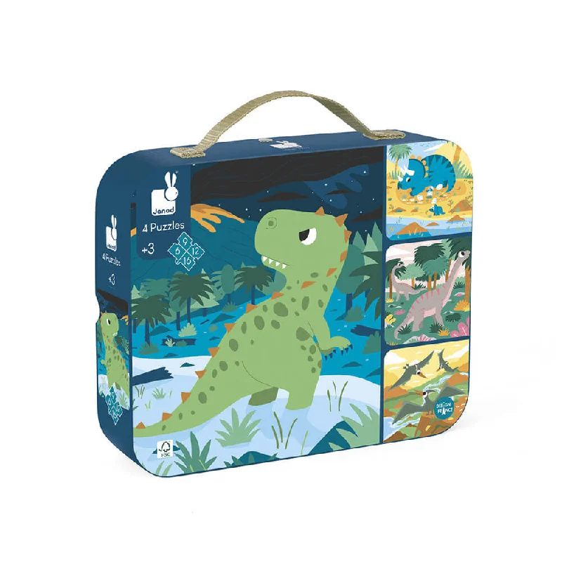 environmentally conscious wooden toys                 Janod 4 Progressive Difficulty Puzzles - Dinosaurs