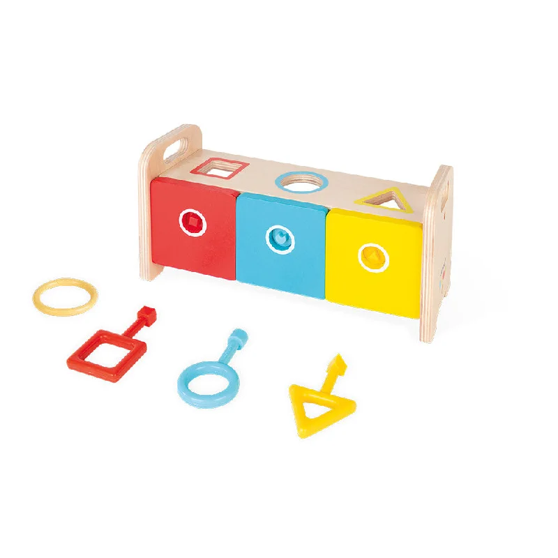 tactile wooden toys                   Janod Essentiel - Shape Sorter Box with Key