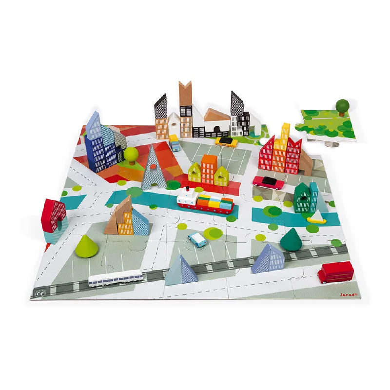 durable wooden toys                  Janod Kubix 60 - Block Set + City Puzzle