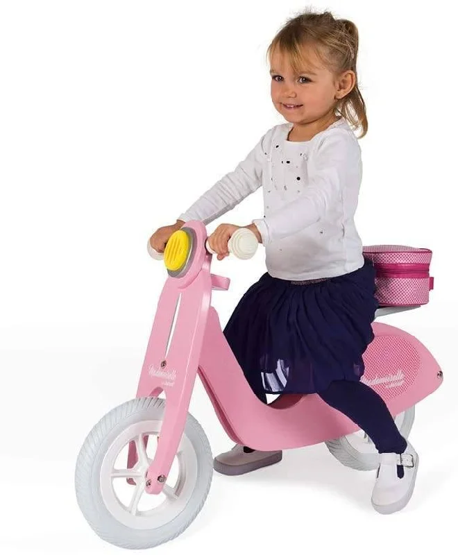 tactile wooden toys                   Janod - Mademoiselle Pink Wooden Retro Scooter Balance Bike