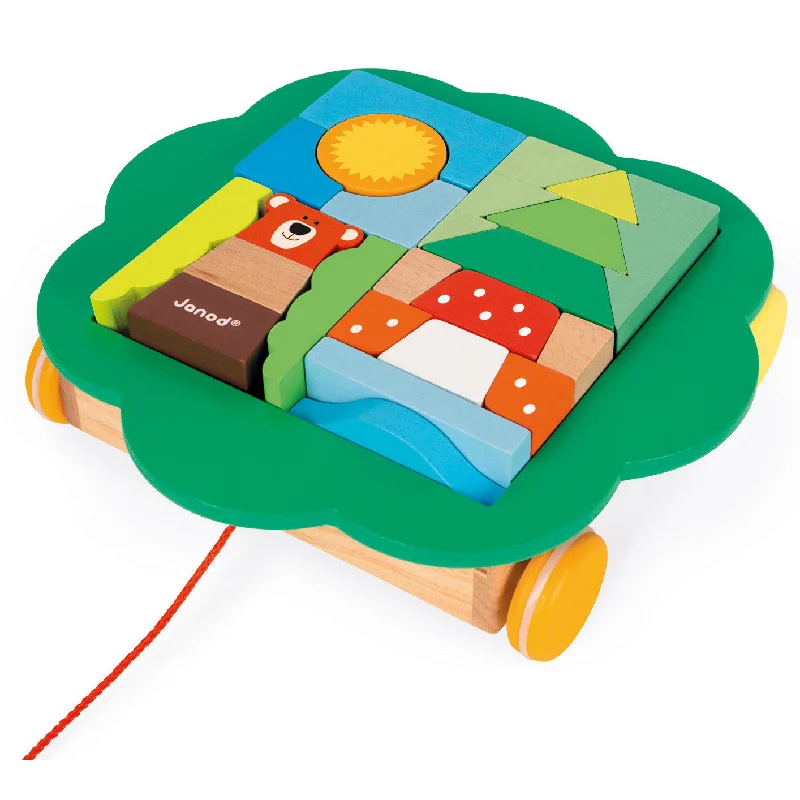 enchanting wooden toys for children                   Janod Zigolos Pull Along Trolley with Block