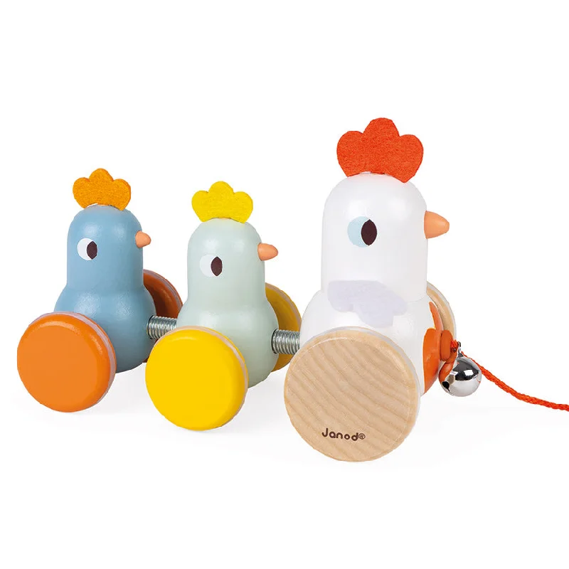 engaging and educational wooden toys                  Pull Along Hen Family
