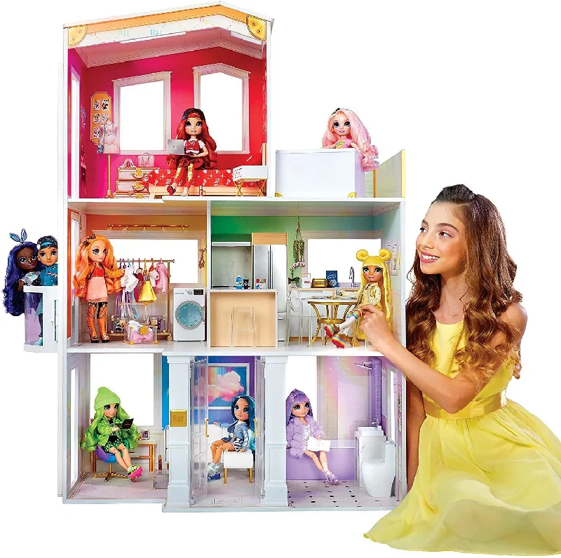 age-appropriate wooden toys                   Rainbow High House – 3-Story Wooden Doll House with Accessories