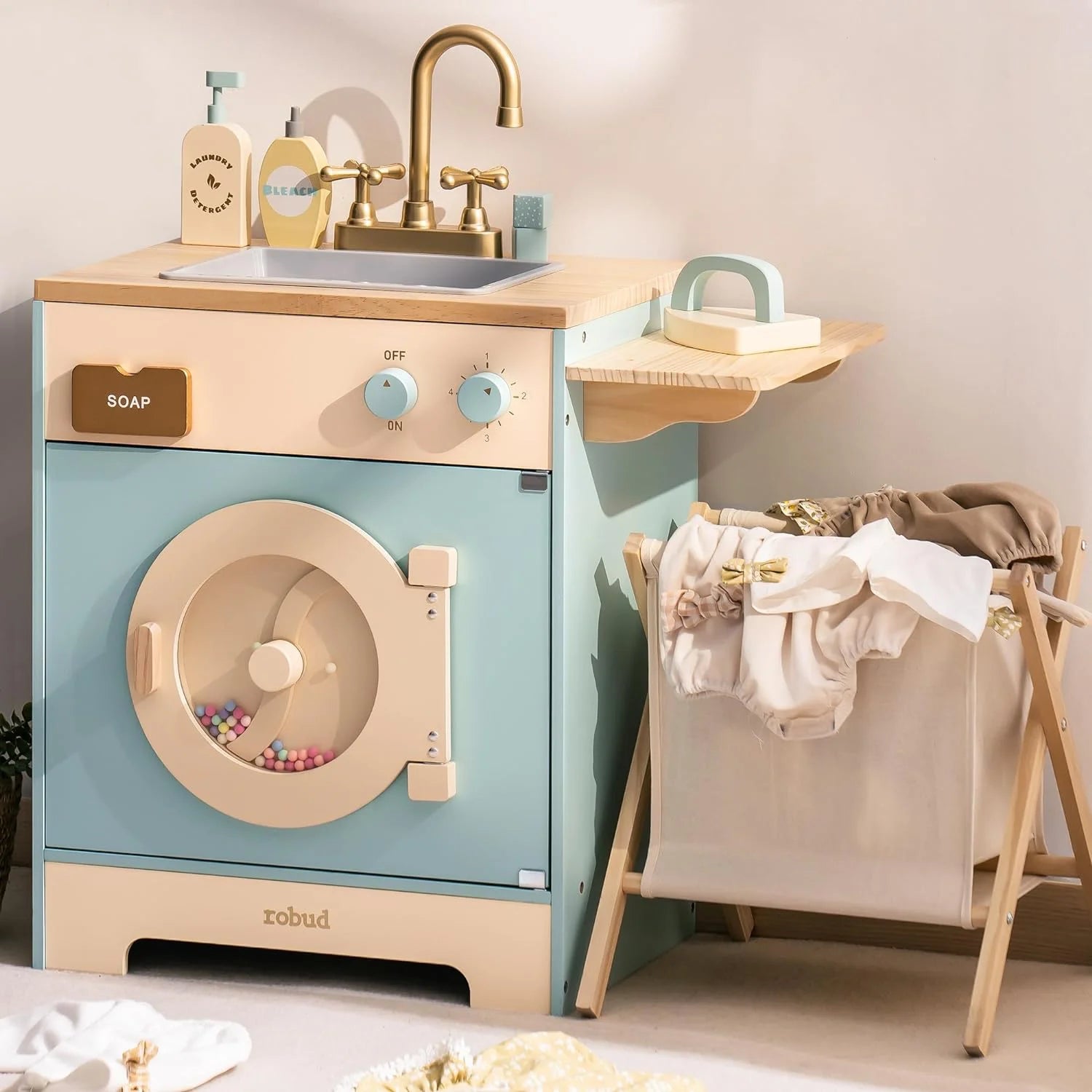 sturdy wooden toys                  ROBUD Wooden Washing Machine Laundry Playset