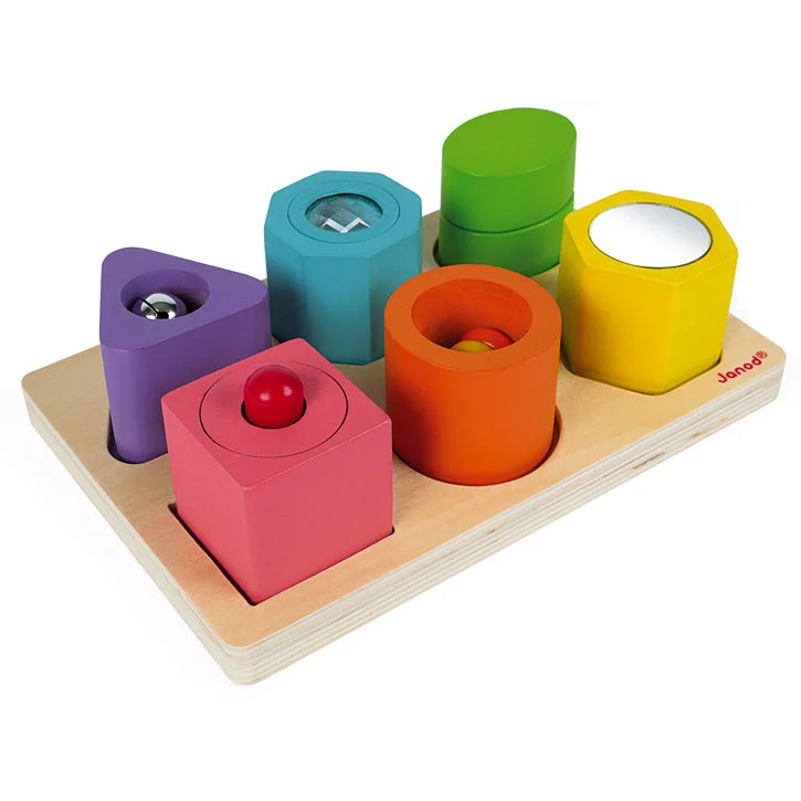 colorful and cheerful wooden toys                   Shapes & Sounds 6 Block Puzzle