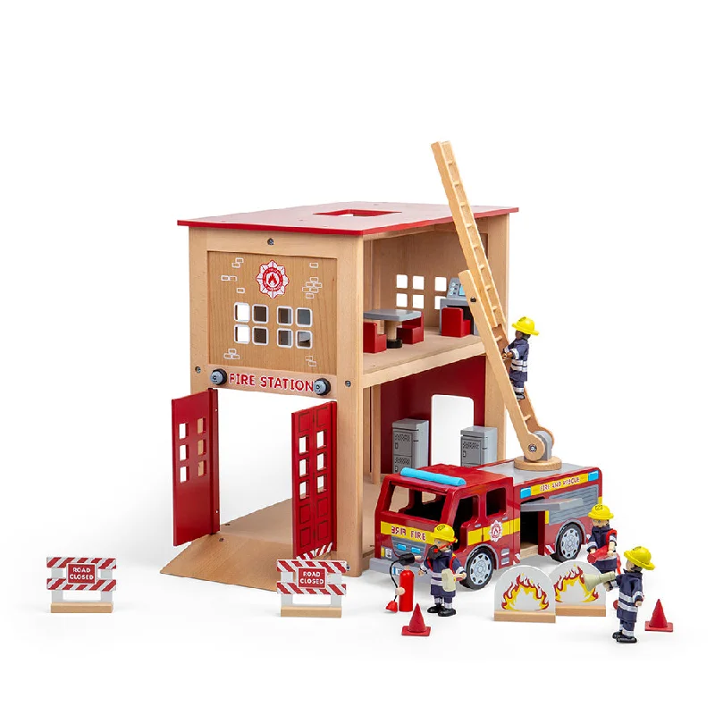 skillfully made wooden toys               Tidlo Wooden Fire Station & Fire Engine Toy Bundle