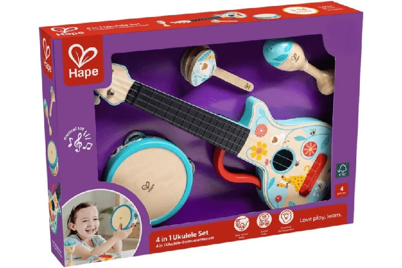 intricately carved wooden toys                   4-in-1 Percussion Set by Hape