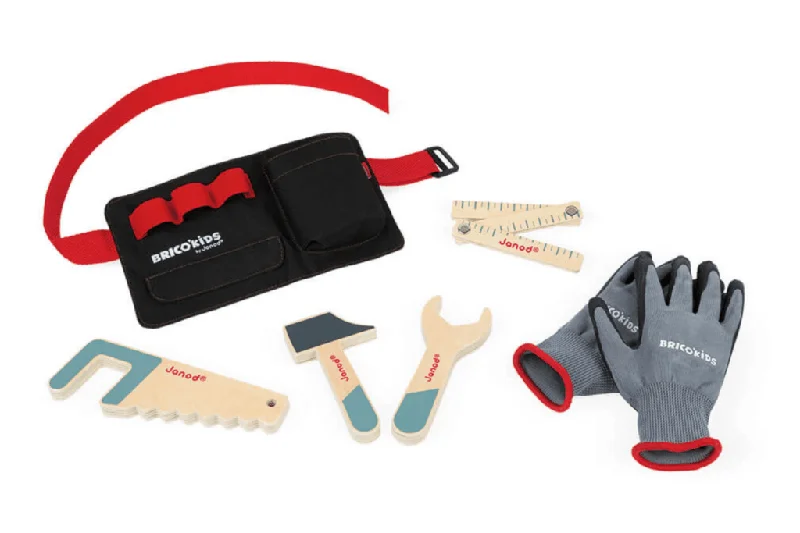 sturdy and long-lasting wooden toys for active play                   Tool Belt with Wooden Tools and Gloves