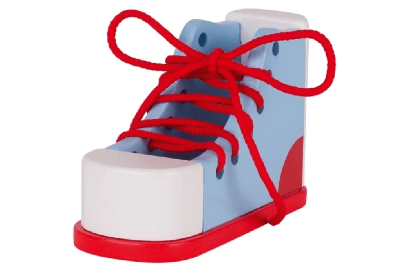 colorful and cheerful wooden toys                   Wooden Learn-to-Lace Shoe by Goki